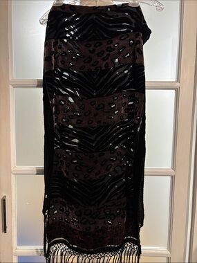 Cut Velvet Fringe Wrap Scarf in Black and Brown